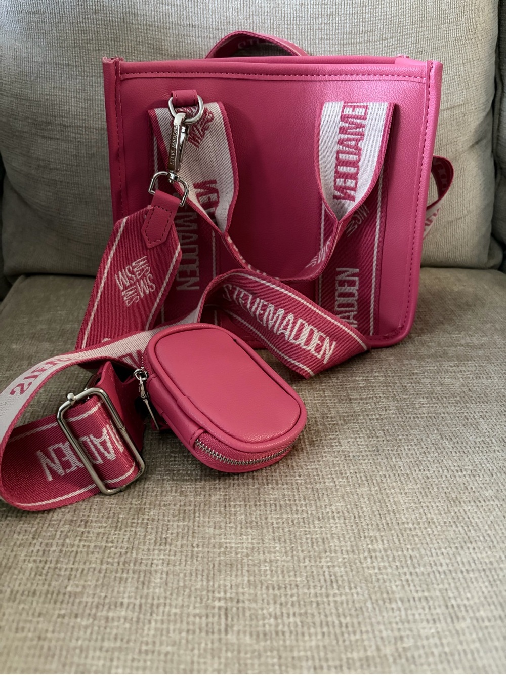 Steve Madden Hot Pink Crossbody Bag with Branded Strap and Pouch